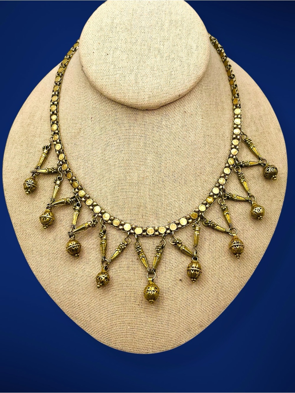 Vintage Ethnic Brass Festoon Bib Necklace Dangle Fringe Drop Statement - Picture 3 of 15